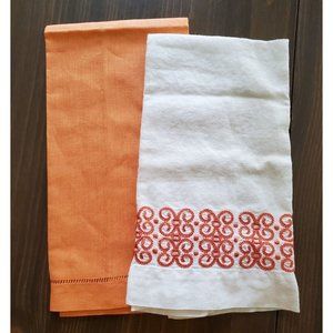 Vintage Le Crochet by Saro Tea Towels Set 2 Hand Guests Orange White Embroidered
